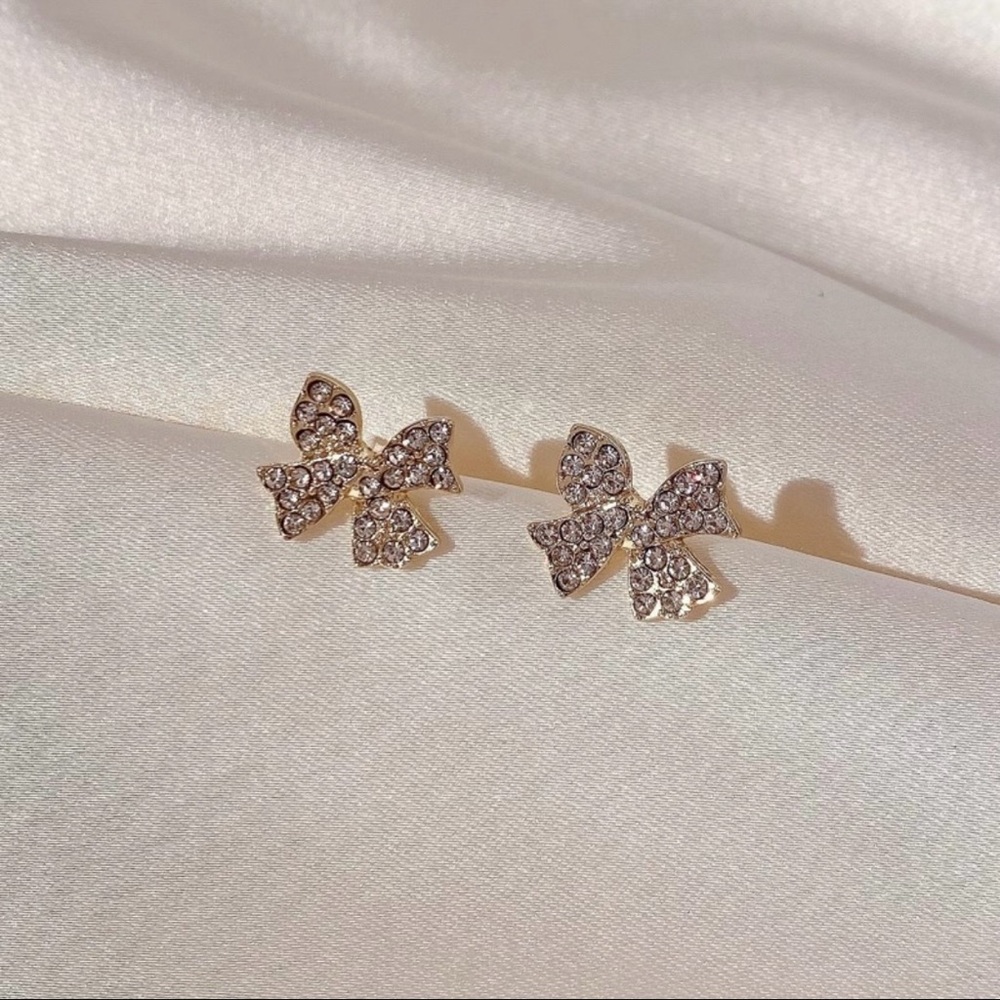 Stainless Steel Bling Bow Stud Earrings Gold